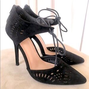 Black Faux Suede Pointed Stiletto High Heel Shoes, Size 7.5: Cut Outs, Ankle Tie